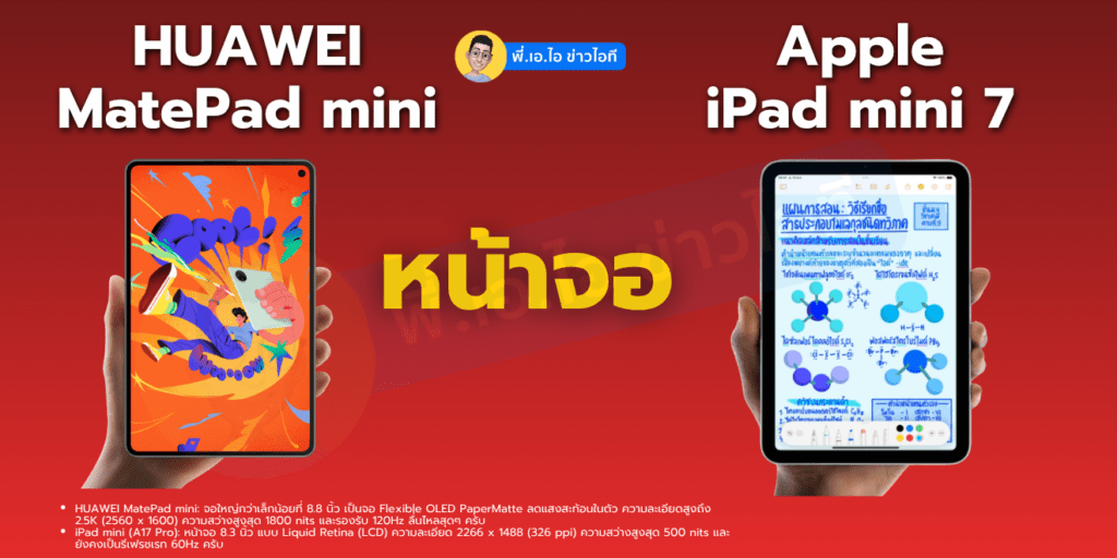 หน้าจอ HUAWEI MatePad mini vs Apple iPad mini 7