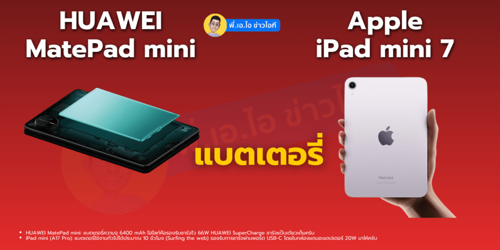แบตเตอรี่ HUAWEI MatePad mini vs Apple iPad mini 7